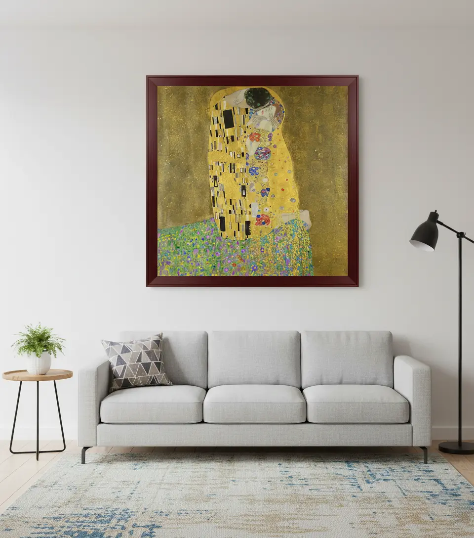 Anna Mahogany Wood Frame of the Kiss by Gustav Klimt in a Modern Interior | GFM Painting